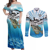 Personalized Crappie Fishing Couples Matching Off Shoulder Maxi Dress and Long Sleeve Button Shirt with Lake Water Splash Scene and Sunrise Silhouette Angler Design - Wonder Print Shop