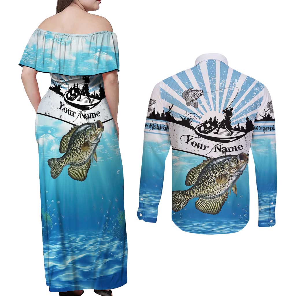 Personalized Crappie Fishing Couples Matching Off Shoulder Maxi Dress and Long Sleeve Button Shirt with Lake Water Splash Scene and Sunrise Silhouette Angler Design - Wonder Print Shop