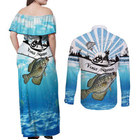 Personalized Crappie Fishing Couples Matching Off Shoulder Maxi Dress and Long Sleeve Button Shirt with Lake Water Splash Scene and Sunrise Silhouette Angler Design - Wonder Print Shop