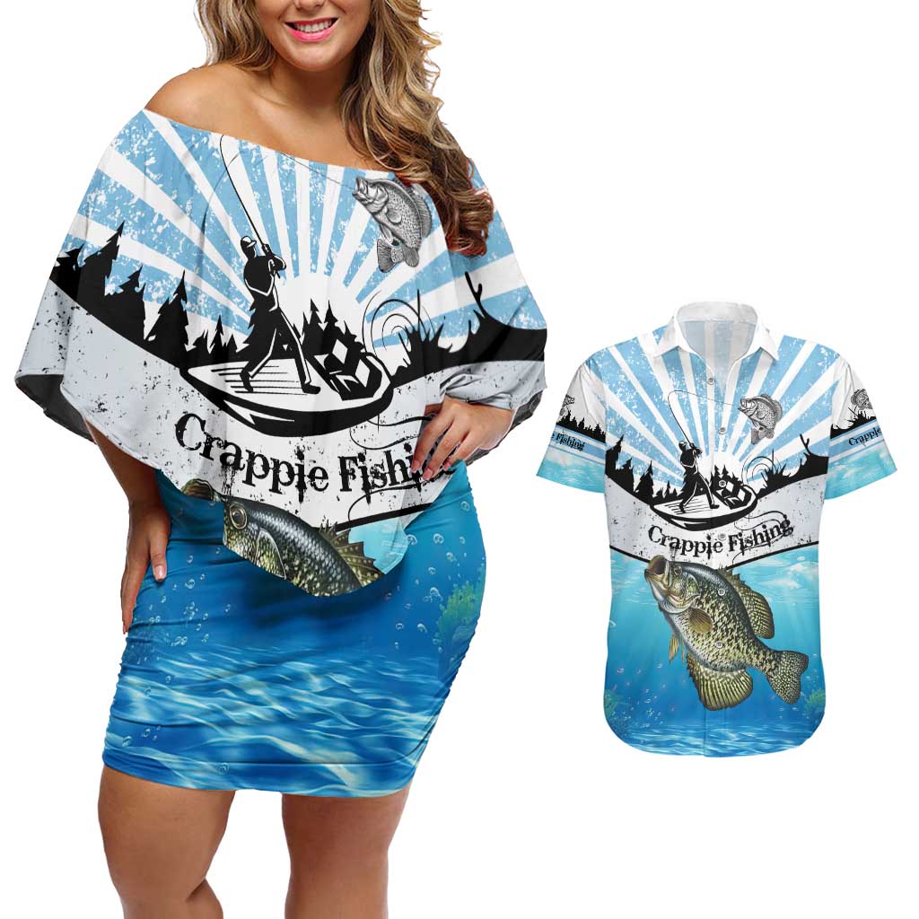 Personalized Crappie Fishing Couples Matching Off Shoulder Short Dress and Hawaiian Shirt with Lake Water Splash Scene and Sunrise Silhouette Angler Design - Wonder Print Shop