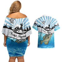 Personalized Crappie Fishing Couples Matching Off Shoulder Short Dress and Hawaiian Shirt with Lake Water Splash Scene and Sunrise Silhouette Angler Design - Wonder Print Shop