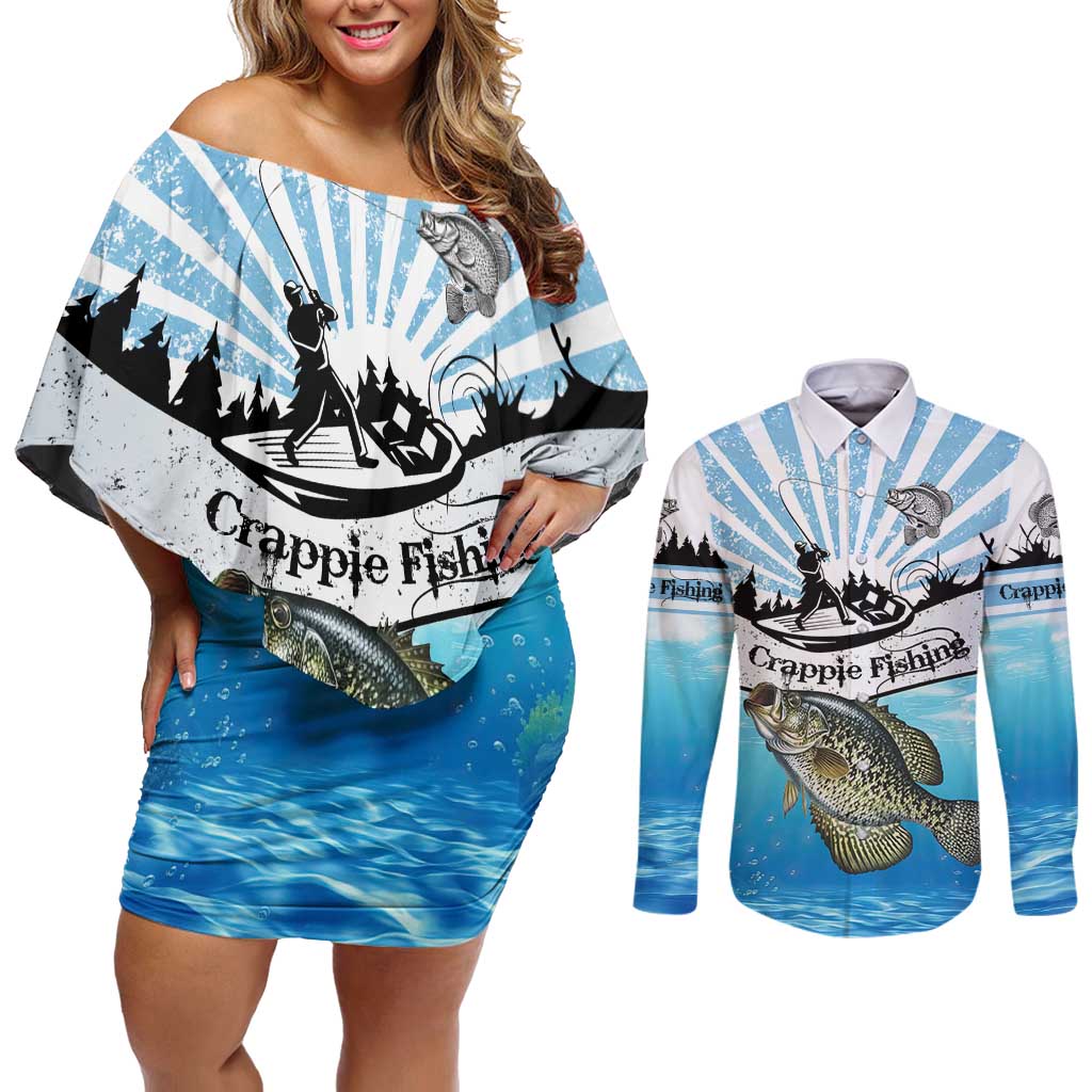 Personalized Crappie Fishing Couples Matching Off Shoulder Short Dress and Long Sleeve Button Shirt with Lake Water Splash Scene and Sunrise Silhouette Angler Design - Wonder Print Shop
