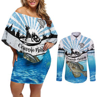 Personalized Crappie Fishing Couples Matching Off Shoulder Short Dress and Long Sleeve Button Shirt with Lake Water Splash Scene and Sunrise Silhouette Angler Design - Wonder Print Shop