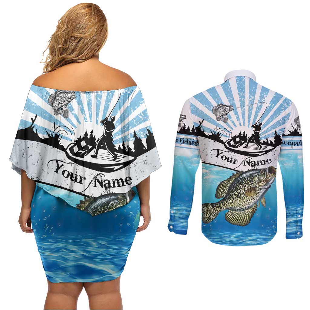 Personalized Crappie Fishing Couples Matching Off Shoulder Short Dress and Long Sleeve Button Shirt with Lake Water Splash Scene and Sunrise Silhouette Angler Design - Wonder Print Shop