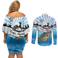 Personalized Crappie Fishing Couples Matching Off Shoulder Short Dress and Long Sleeve Button Shirt with Lake Water Splash Scene and Sunrise Silhouette Angler Design - Wonder Print Shop