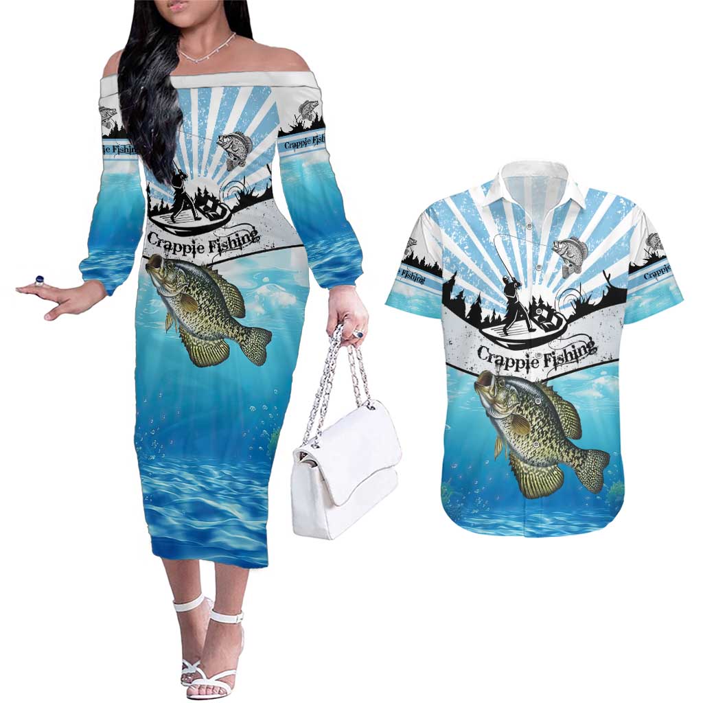 Personalized Crappie Fishing Couples Matching Off The Shoulder Long Sleeve Dress and Hawaiian Shirt with Lake Water Splash Scene and Sunrise Silhouette Angler Design - Wonder Print Shop