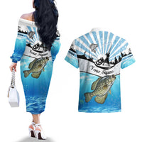 Personalized Crappie Fishing Couples Matching Off The Shoulder Long Sleeve Dress and Hawaiian Shirt with Lake Water Splash Scene and Sunrise Silhouette Angler Design - Wonder Print Shop