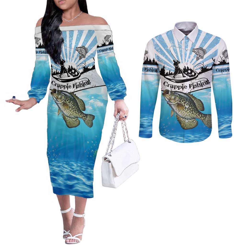 Personalized Crappie Fishing Couples Matching Off The Shoulder Long Sleeve Dress and Long Sleeve Button Shirt with Lake Water Splash Scene and Sunrise Silhouette Angler Design - Wonder Print Shop