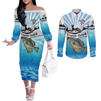 Personalized Crappie Fishing Couples Matching Off The Shoulder Long Sleeve Dress and Long Sleeve Button Shirt with Lake Water Splash Scene and Sunrise Silhouette Angler Design - Wonder Print Shop