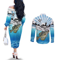 Personalized Crappie Fishing Couples Matching Off The Shoulder Long Sleeve Dress and Long Sleeve Button Shirt with Lake Water Splash Scene and Sunrise Silhouette Angler Design - Wonder Print Shop