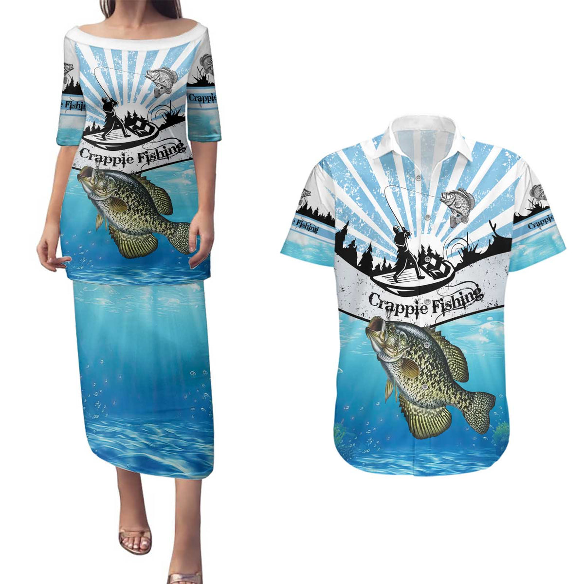 Personalized Crappie Fishing Couples Matching Puletasi and Hawaiian Shirt with Lake Water Splash Scene and Sunrise Silhouette Angler Design - Wonder Print Shop