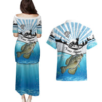 Personalized Crappie Fishing Couples Matching Puletasi and Hawaiian Shirt with Lake Water Splash Scene and Sunrise Silhouette Angler Design - Wonder Print Shop