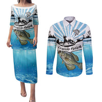 Personalized Crappie Fishing Couples Matching Puletasi and Long Sleeve Button Shirt with Lake Water Splash Scene and Sunrise Silhouette Angler Design - Wonder Print Shop