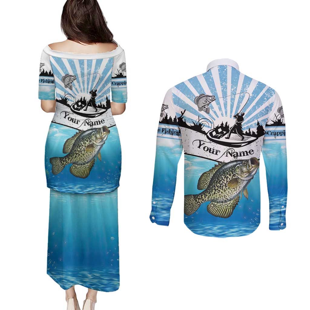 Personalized Crappie Fishing Couples Matching Puletasi and Long Sleeve Button Shirt with Lake Water Splash Scene and Sunrise Silhouette Angler Design - Wonder Print Shop