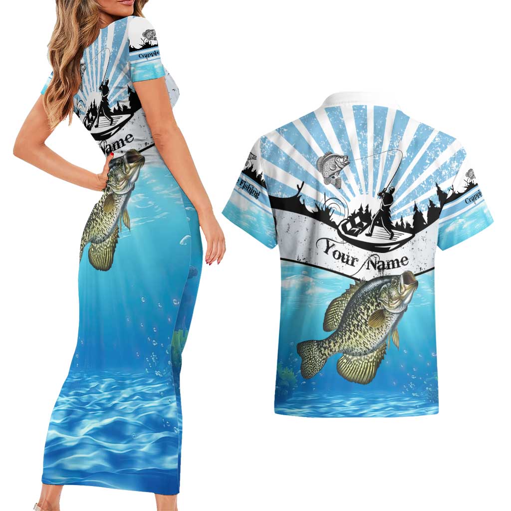Personalized Crappie Fishing Couples Matching Short Sleeve Bodycon Dress and Hawaiian Shirt with Lake Water Splash Scene and Sunrise Silhouette Angler Design - Wonder Print Shop