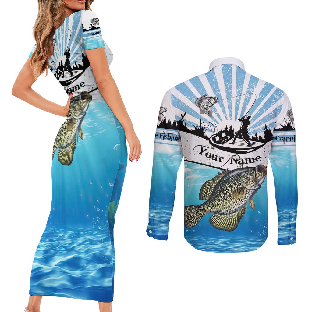 Personalized Crappie Fishing Couples Matching Short Sleeve Bodycon Dress and Long Sleeve Button Shirt with Lake Water Splash Scene and Sunrise Silhouette Angler Design - Wonder Print Shop