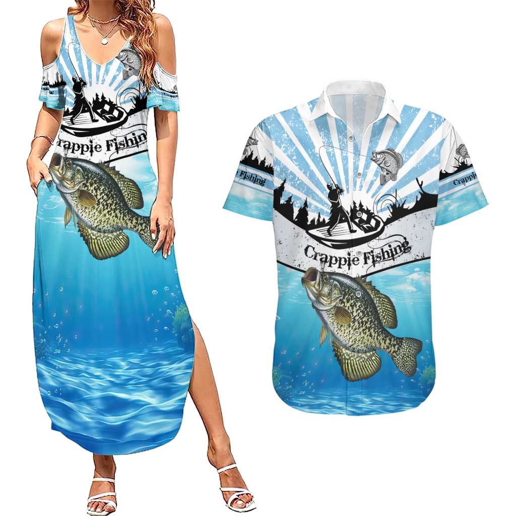 Personalized Crappie Fishing Couples Matching Summer Maxi Dress and Hawaiian Shirt with Lake Water Splash Scene and Sunrise Silhouette Angler Design - Wonder Print Shop