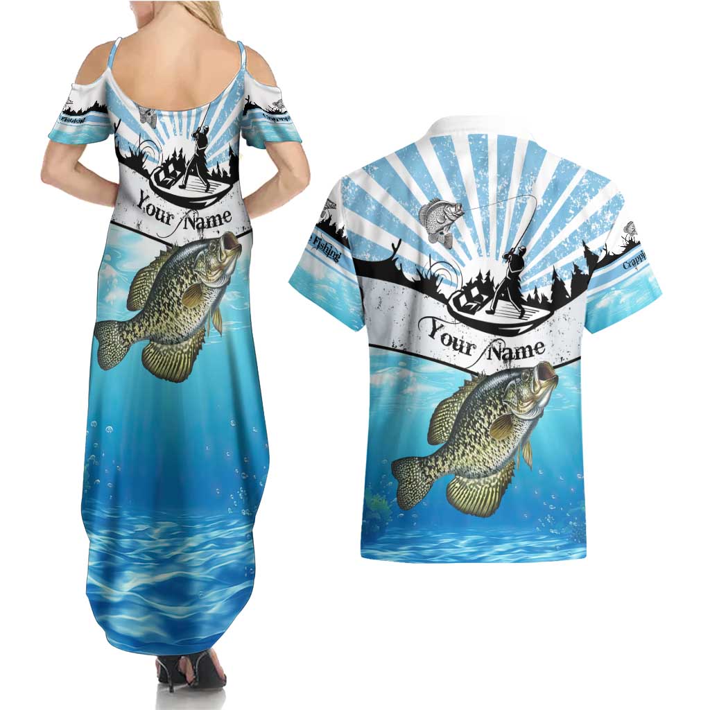 Personalized Crappie Fishing Couples Matching Summer Maxi Dress and Hawaiian Shirt with Lake Water Splash Scene and Sunrise Silhouette Angler Design - Wonder Print Shop