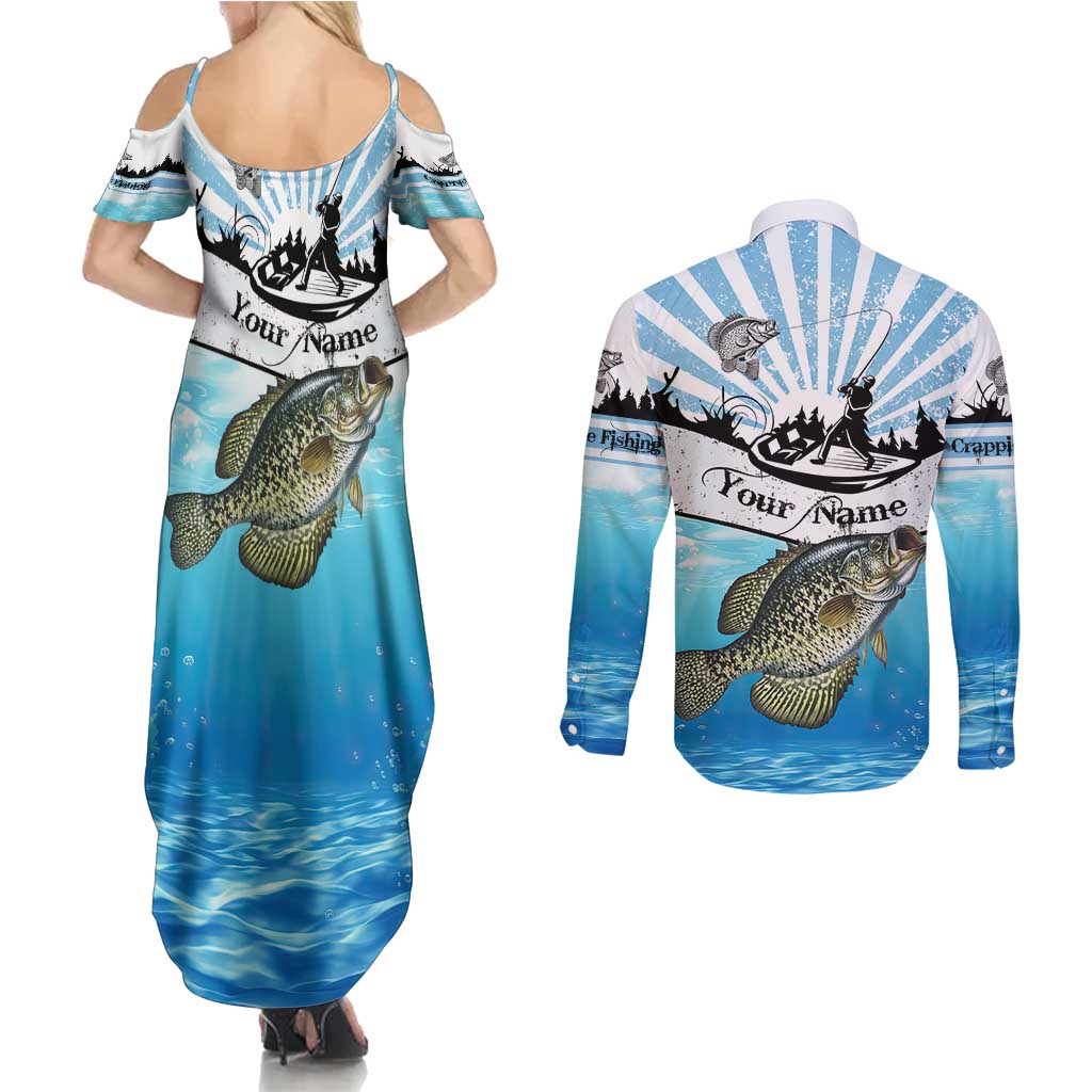 Personalized Crappie Fishing Couples Matching Summer Maxi Dress and Long Sleeve Button Shirt with Lake Water Splash Scene and Sunrise Silhouette Angler Design - Wonder Print Shop