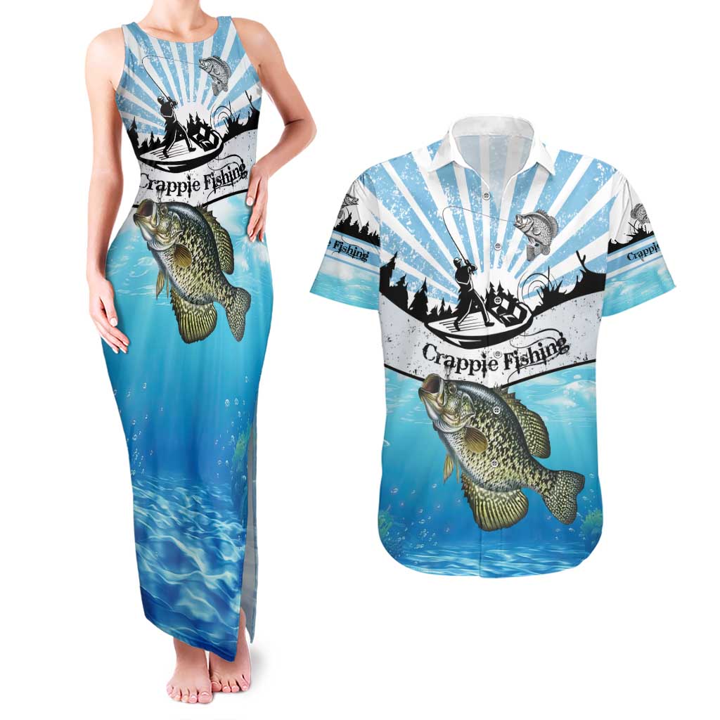 Personalized Crappie Fishing Couples Matching Tank Maxi Dress and Hawaiian Shirt with Lake Water Splash Scene and Sunrise Silhouette Angler Design - Wonder Print Shop