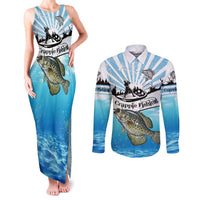 Personalized Crappie Fishing Couples Matching Tank Maxi Dress and Long Sleeve Button Shirt with Lake Water Splash Scene and Sunrise Silhouette Angler Design - Wonder Print Shop