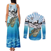 Personalized Crappie Fishing Couples Matching Tank Maxi Dress and Long Sleeve Button Shirt with Lake Water Splash Scene and Sunrise Silhouette Angler Design - Wonder Print Shop