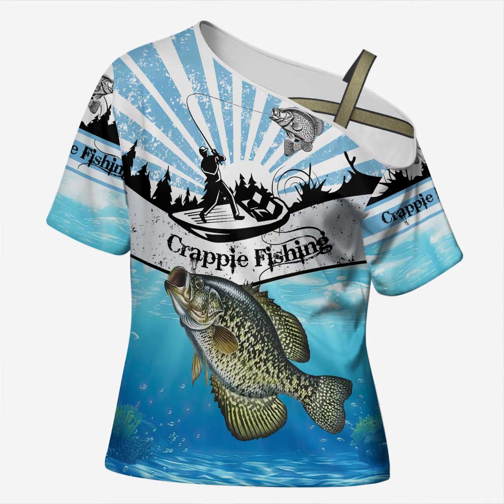 Personalized Crappie Fishing Cross Shoulder Shirt with Lake Water Splash Scene and Sunrise Silhouette Angler Design - Wonder Print Shop