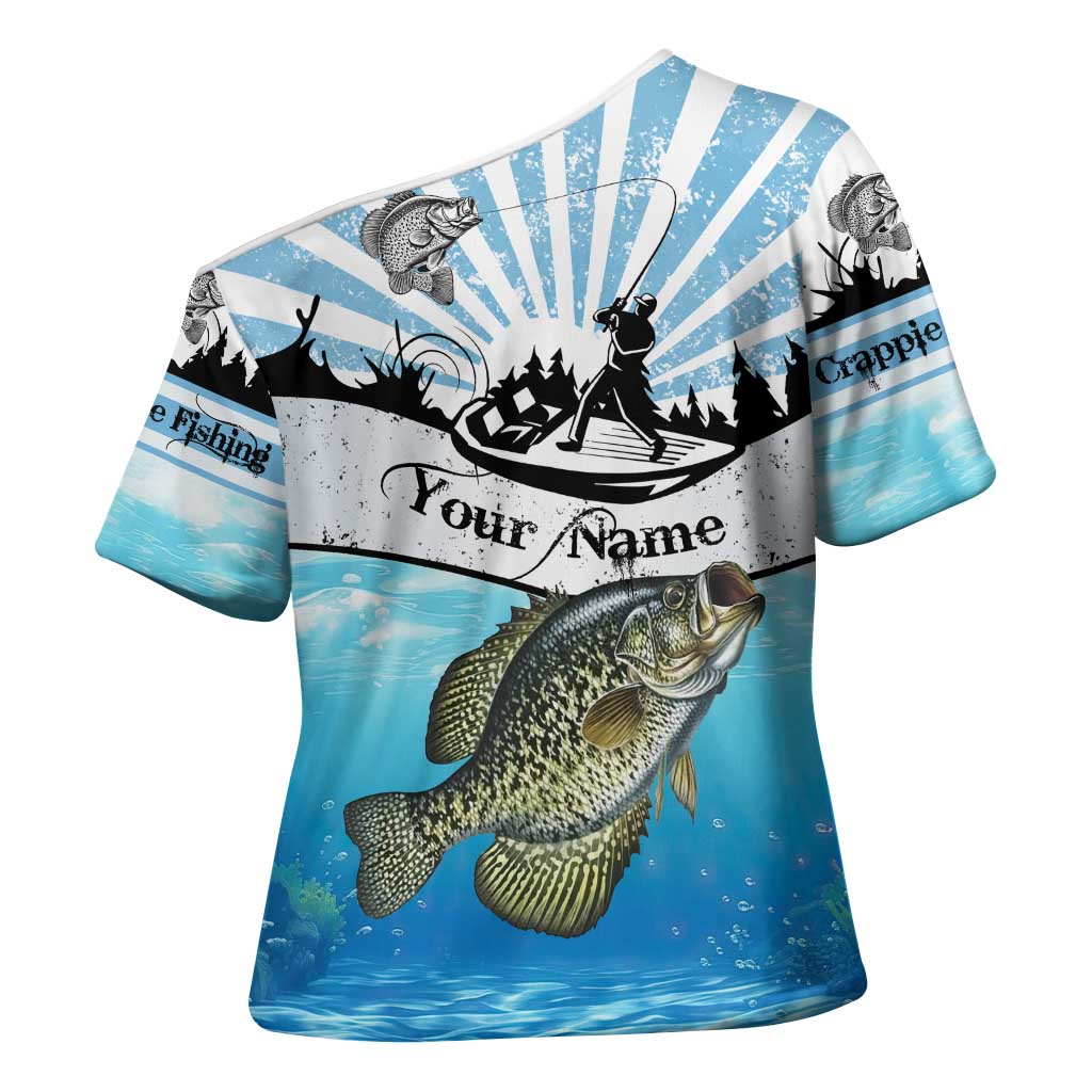 Personalized Crappie Fishing Cross Shoulder Shirt with Lake Water Splash Scene and Sunrise Silhouette Angler Design - Wonder Print Shop
