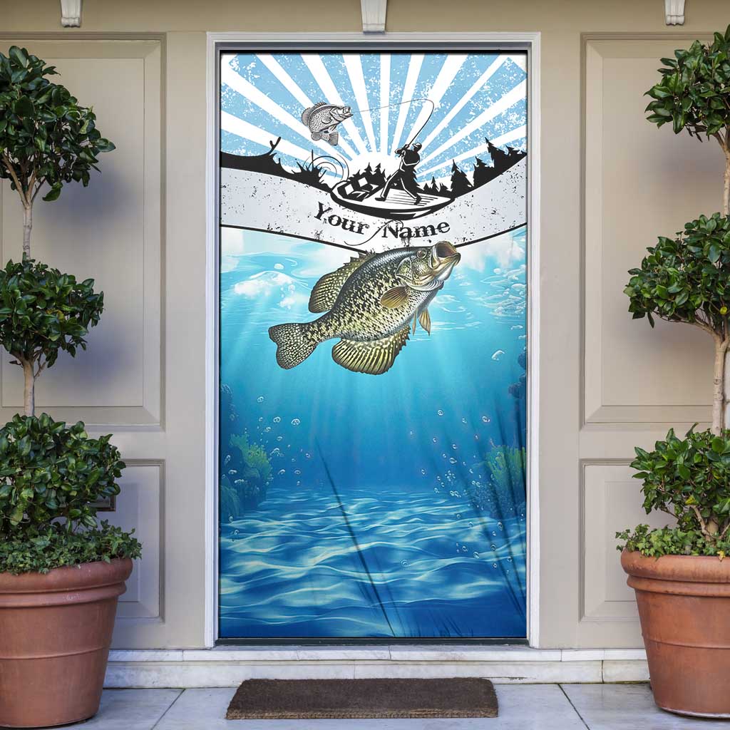 Personalized Crappie Fishing Door Cover with Lake Water Splash Scene and Sunrise Silhouette Angler Design - Wonder Print Shop