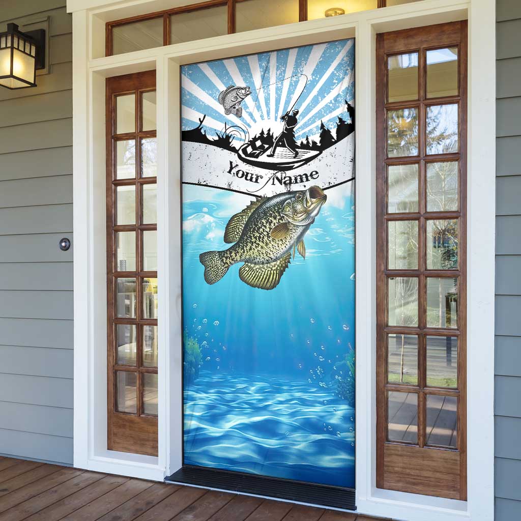 Personalized Crappie Fishing Door Cover with Lake Water Splash Scene and Sunrise Silhouette Angler Design - Wonder Print Shop