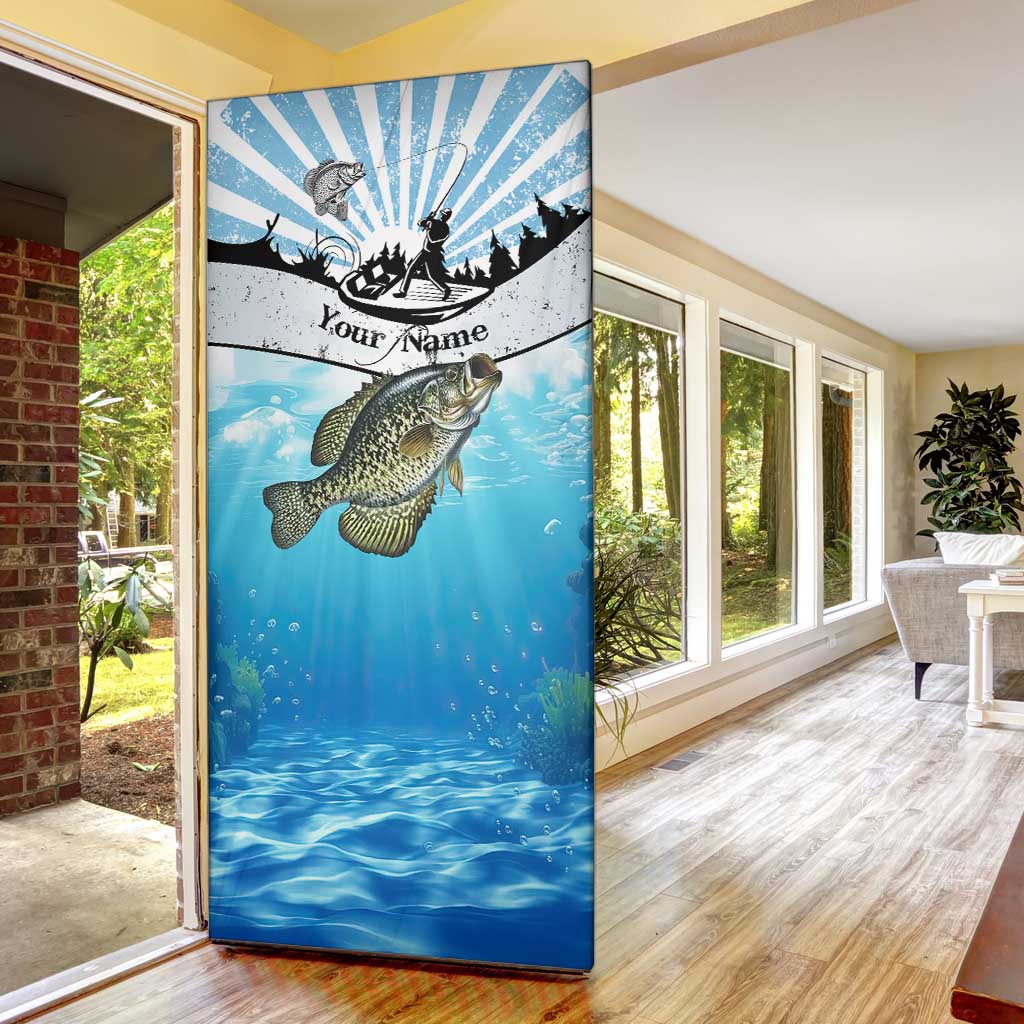 Personalized Crappie Fishing Door Cover with Lake Water Splash Scene and Sunrise Silhouette Angler Design - Wonder Print Shop