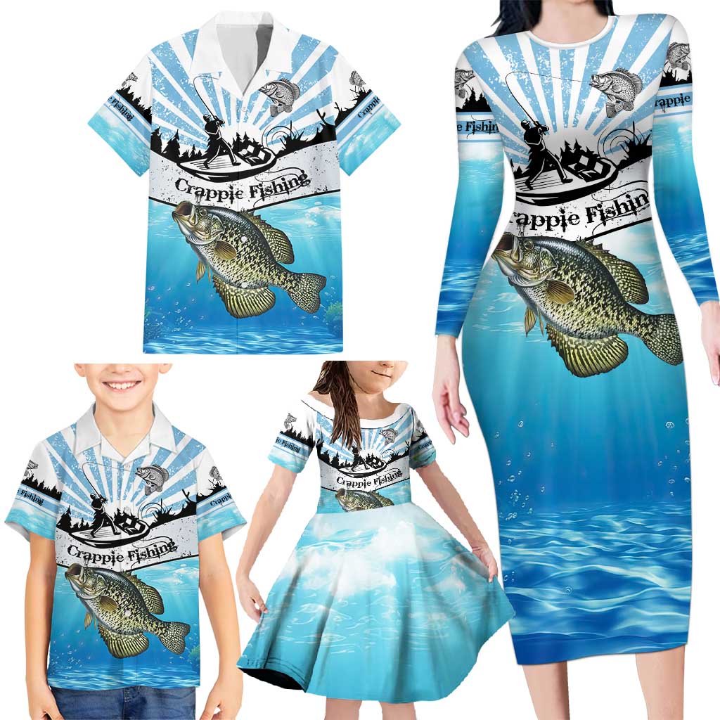 Personalized Crappie Fishing Family Matching Long Sleeve Bodycon Dress and Hawaiian Shirt with Lake Water Splash Scene and Sunrise Silhouette Angler Design - Wonder Print Shop