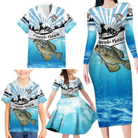 Personalized Crappie Fishing Family Matching Long Sleeve Bodycon Dress and Hawaiian Shirt with Lake Water Splash Scene and Sunrise Silhouette Angler Design - Wonder Print Shop