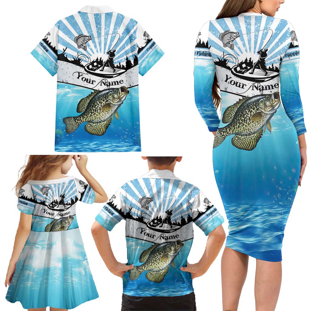 Personalized Crappie Fishing Family Matching Long Sleeve Bodycon Dress and Hawaiian Shirt with Lake Water Splash Scene and Sunrise Silhouette Angler Design - Wonder Print Shop