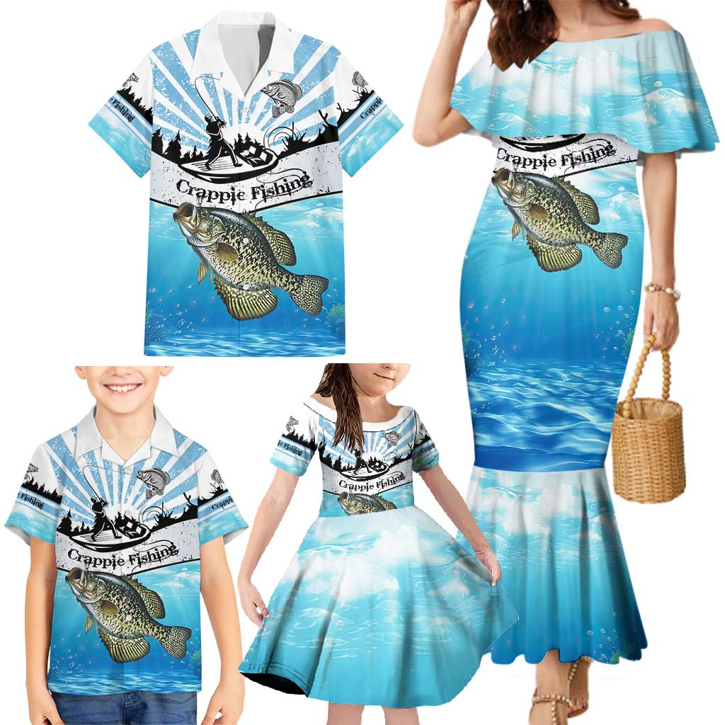 Personalized Crappie Fishing Family Matching Mermaid Dress and Hawaiian Shirt with Lake Water Splash Scene and Sunrise Silhouette Angler Design - Wonder Print Shop