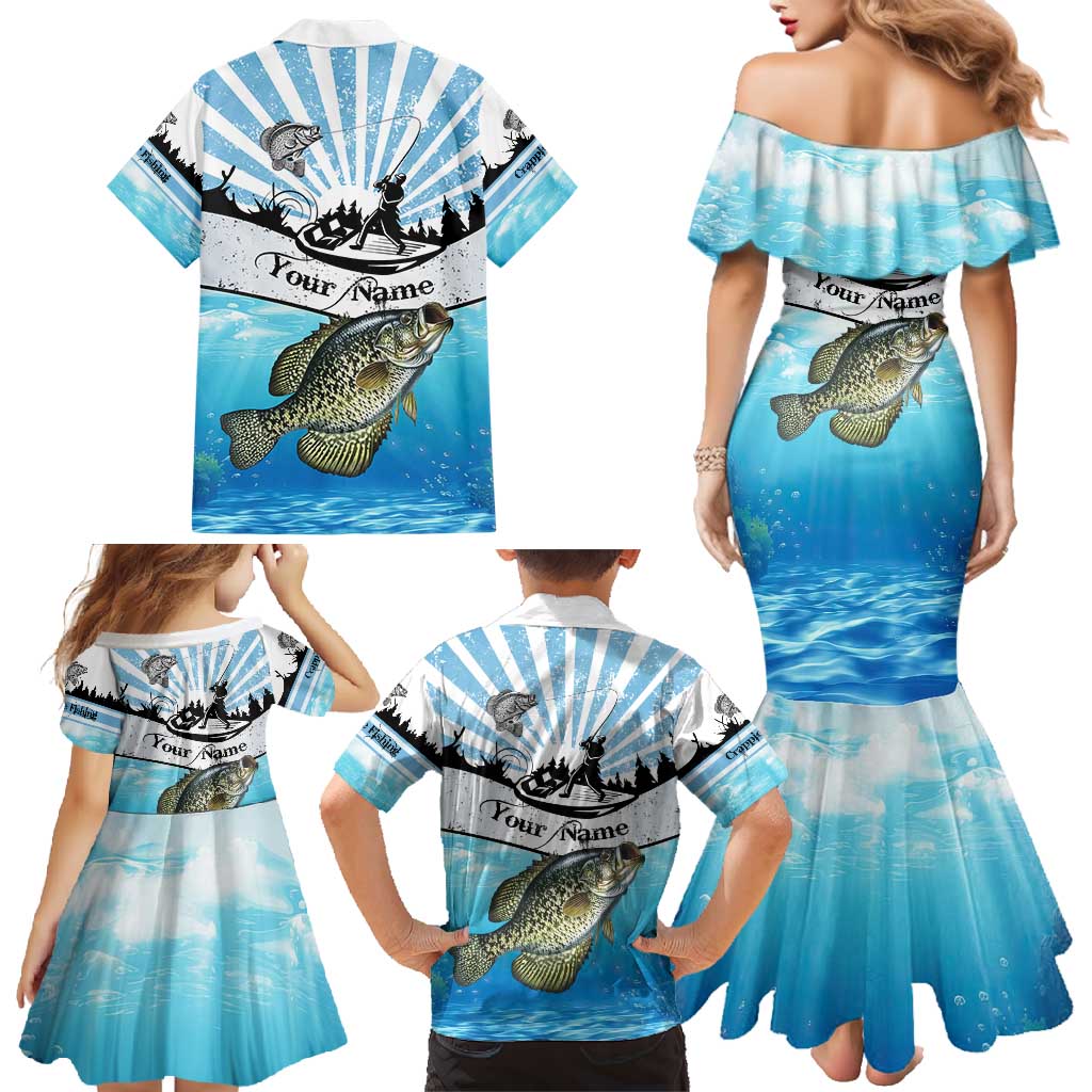 Personalized Crappie Fishing Family Matching Mermaid Dress and Hawaiian Shirt with Lake Water Splash Scene and Sunrise Silhouette Angler Design - Wonder Print Shop