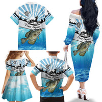 Personalized Crappie Fishing Family Matching Off The Shoulder Long Sleeve Dress and Hawaiian Shirt with Lake Water Splash Scene and Sunrise Silhouette Angler Design - Wonder Print Shop