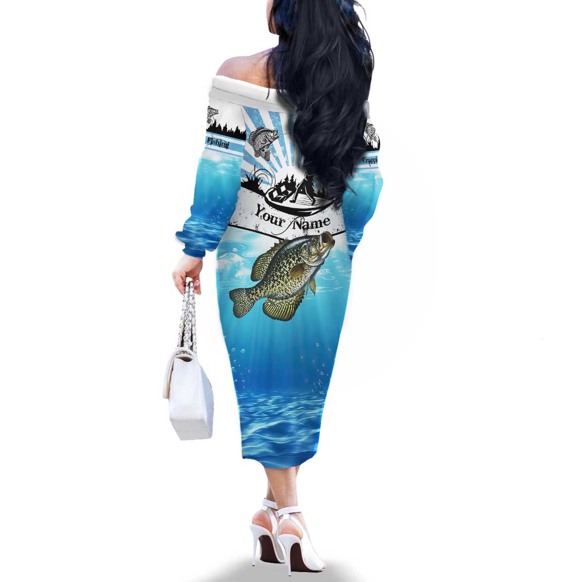 Personalized Crappie Fishing Family Matching Off The Shoulder Long Sleeve Dress and Hawaiian Shirt with Lake Water Splash Scene and Sunrise Silhouette Angler Design - Wonder Print Shop