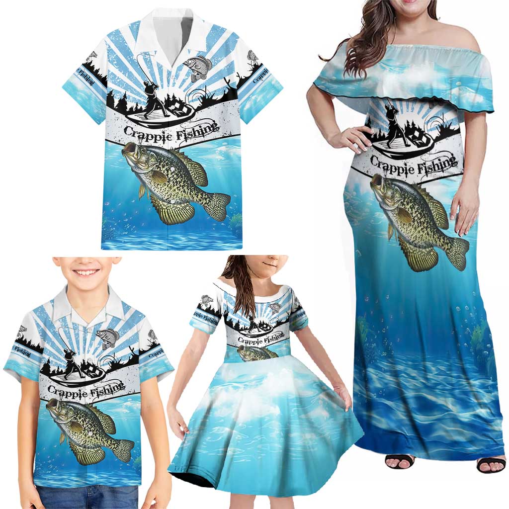 Personalized Crappie Fishing Family Matching Off Shoulder Maxi Dress and Hawaiian Shirt with Lake Water Splash Scene and Sunrise Silhouette Angler Design - Wonder Print Shop