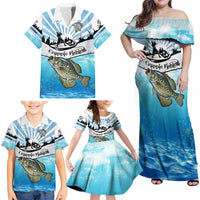 Personalized Crappie Fishing Family Matching Off Shoulder Maxi Dress and Hawaiian Shirt with Lake Water Splash Scene and Sunrise Silhouette Angler Design - Wonder Print Shop