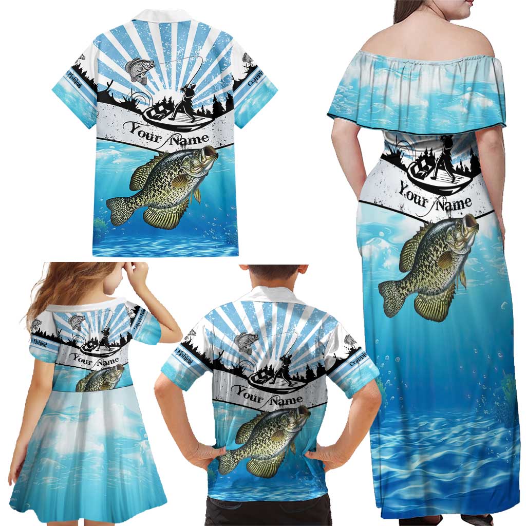 Personalized Crappie Fishing Family Matching Off Shoulder Maxi Dress and Hawaiian Shirt with Lake Water Splash Scene and Sunrise Silhouette Angler Design - Wonder Print Shop