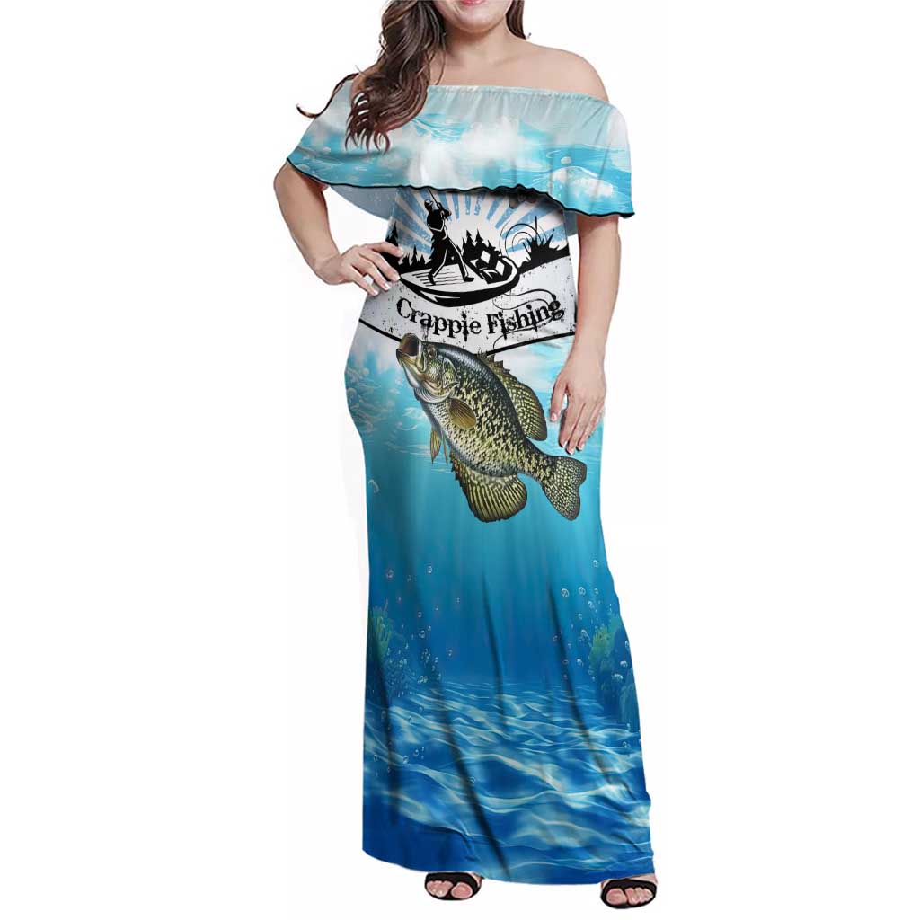 Personalized Crappie Fishing Family Matching Off Shoulder Maxi Dress and Hawaiian Shirt with Lake Water Splash Scene and Sunrise Silhouette Angler Design - Wonder Print Shop