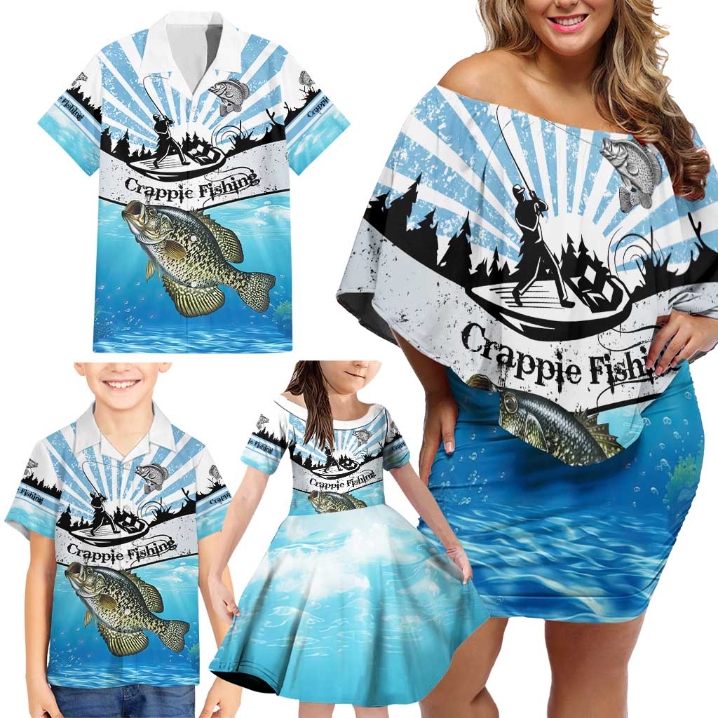 Personalized Crappie Fishing Family Matching Off Shoulder Short Dress and Hawaiian Shirt with Lake Water Splash Scene and Sunrise Silhouette Angler Design - Wonder Print Shop