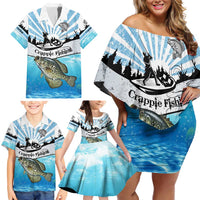Personalized Crappie Fishing Family Matching Off Shoulder Short Dress and Hawaiian Shirt with Lake Water Splash Scene and Sunrise Silhouette Angler Design - Wonder Print Shop