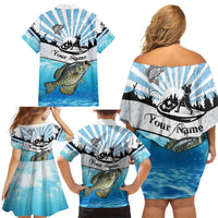 Personalized Crappie Fishing Family Matching Off Shoulder Short Dress and Hawaiian Shirt with Lake Water Splash Scene and Sunrise Silhouette Angler Design - Wonder Print Shop