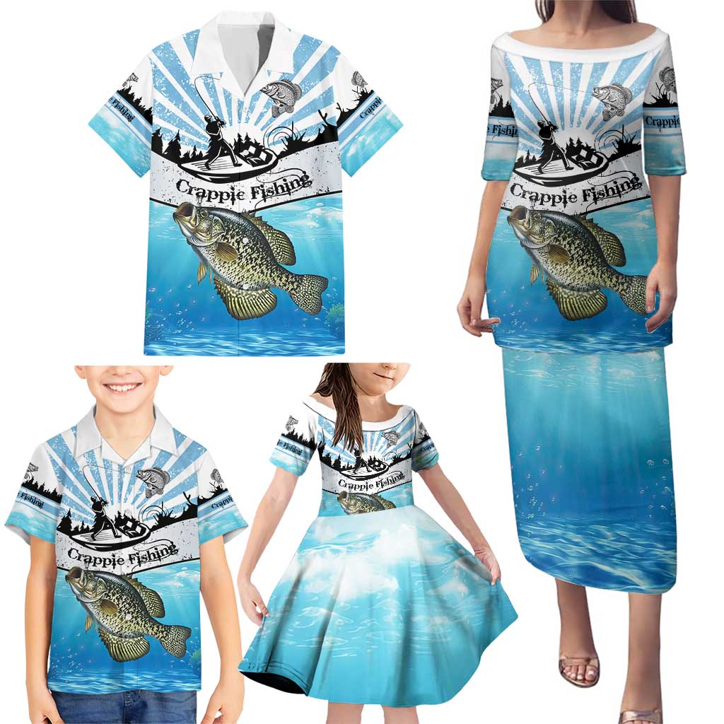 Personalized Crappie Fishing Family Matching Puletasi and Hawaiian Shirt with Lake Water Splash Scene and Sunrise Silhouette Angler Design - Wonder Print Shop