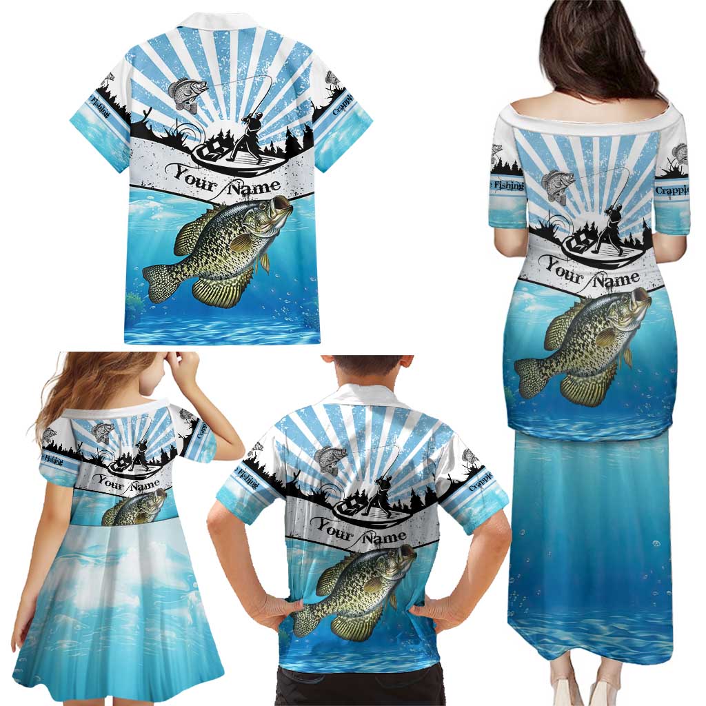 Personalized Crappie Fishing Family Matching Puletasi and Hawaiian Shirt with Lake Water Splash Scene and Sunrise Silhouette Angler Design - Wonder Print Shop