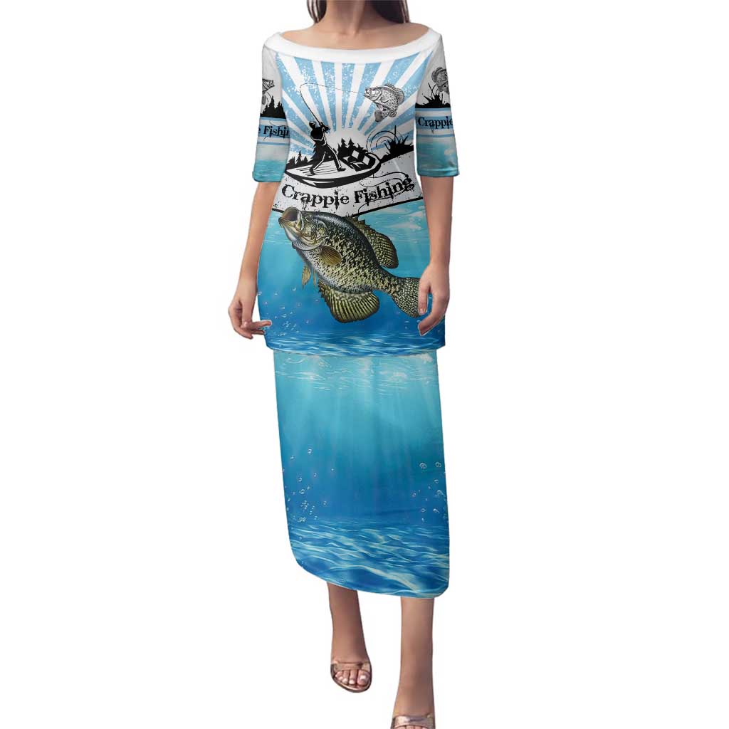 Personalized Crappie Fishing Family Matching Puletasi and Hawaiian Shirt with Lake Water Splash Scene and Sunrise Silhouette Angler Design - Wonder Print Shop