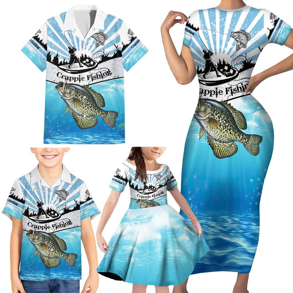Personalized Crappie Fishing Family Matching Short Sleeve Bodycon Dress and Hawaiian Shirt with Lake Water Splash Scene and Sunrise Silhouette Angler Design - Wonder Print Shop