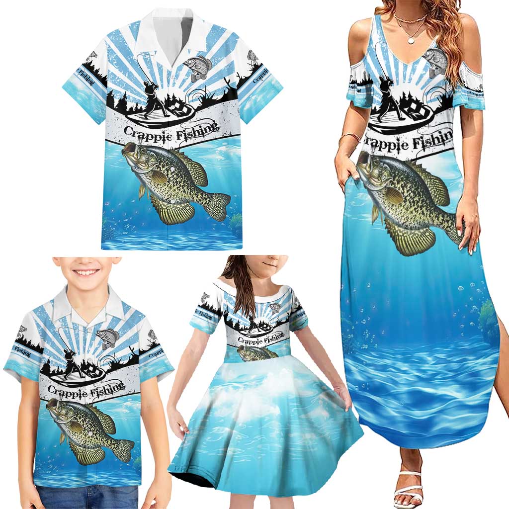 Personalized Crappie Fishing Family Matching Summer Maxi Dress and Hawaiian Shirt with Lake Water Splash Scene and Sunrise Silhouette Angler Design - Wonder Print Shop